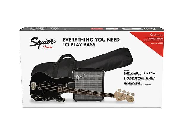 Fender Squier Affinity Series Precision Bass PJ Pack Laurel Fingerboard Black Gig Bag Rumble 15