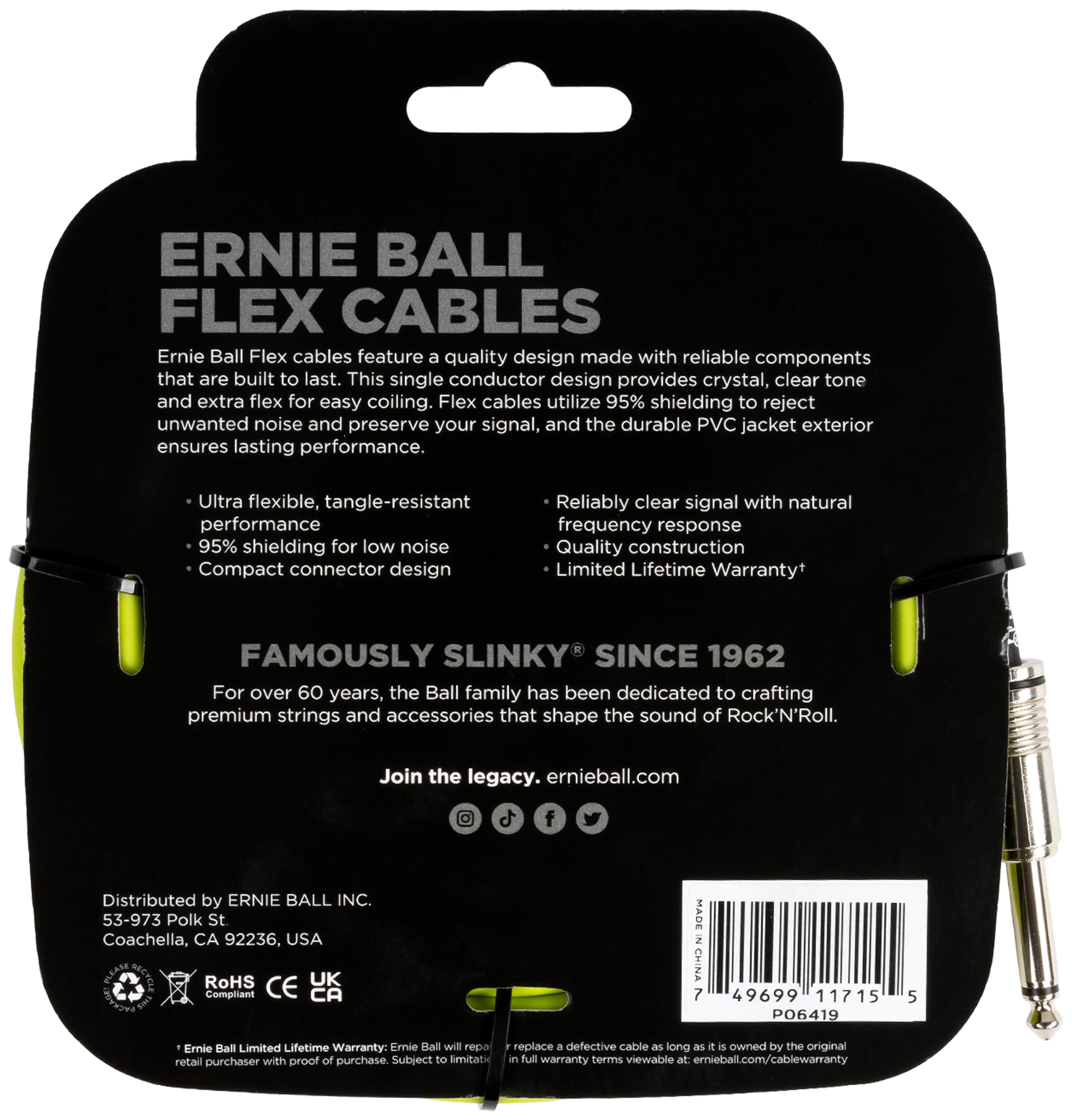 Ernie Ball Instrumentenkabel, Flex, gerade/gerade, Green, 6.09m